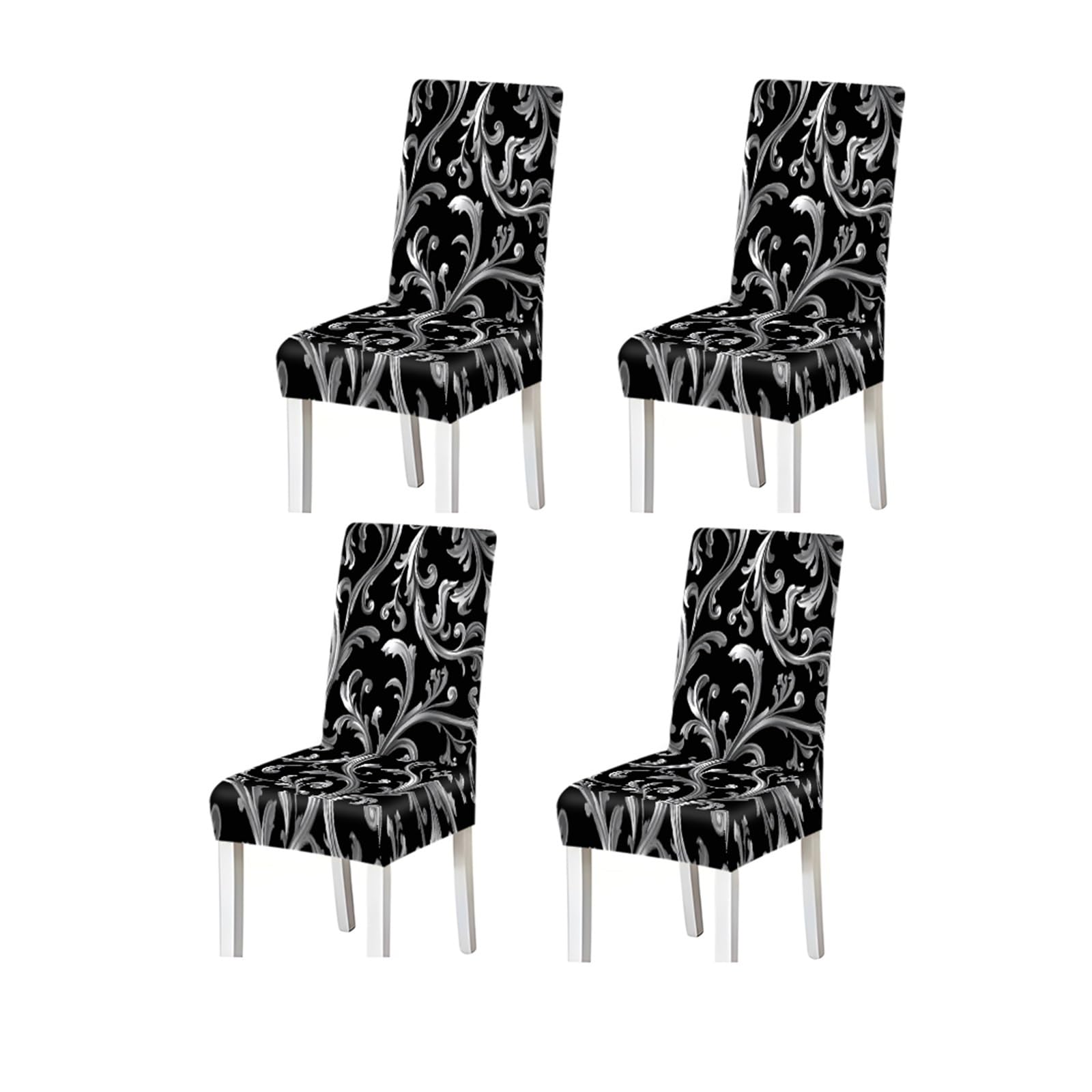FZJKGH Black Silver Baroque Scroll Pattern Print Dining Chair Covers Set Of 2/4/6, Luxury Stretch Slipcovers For Kitchen Dining Room Removable Stretch Slipcovers for Dining Chairs(4PCSChair cover)