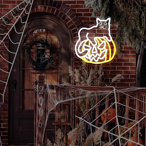 Image of Cat on Pumpkin Neon Sign for Halloween Party Decor, Dimmable LED Light for Playroom, Man Cave, Game Room, Bar - Halloween Gifts