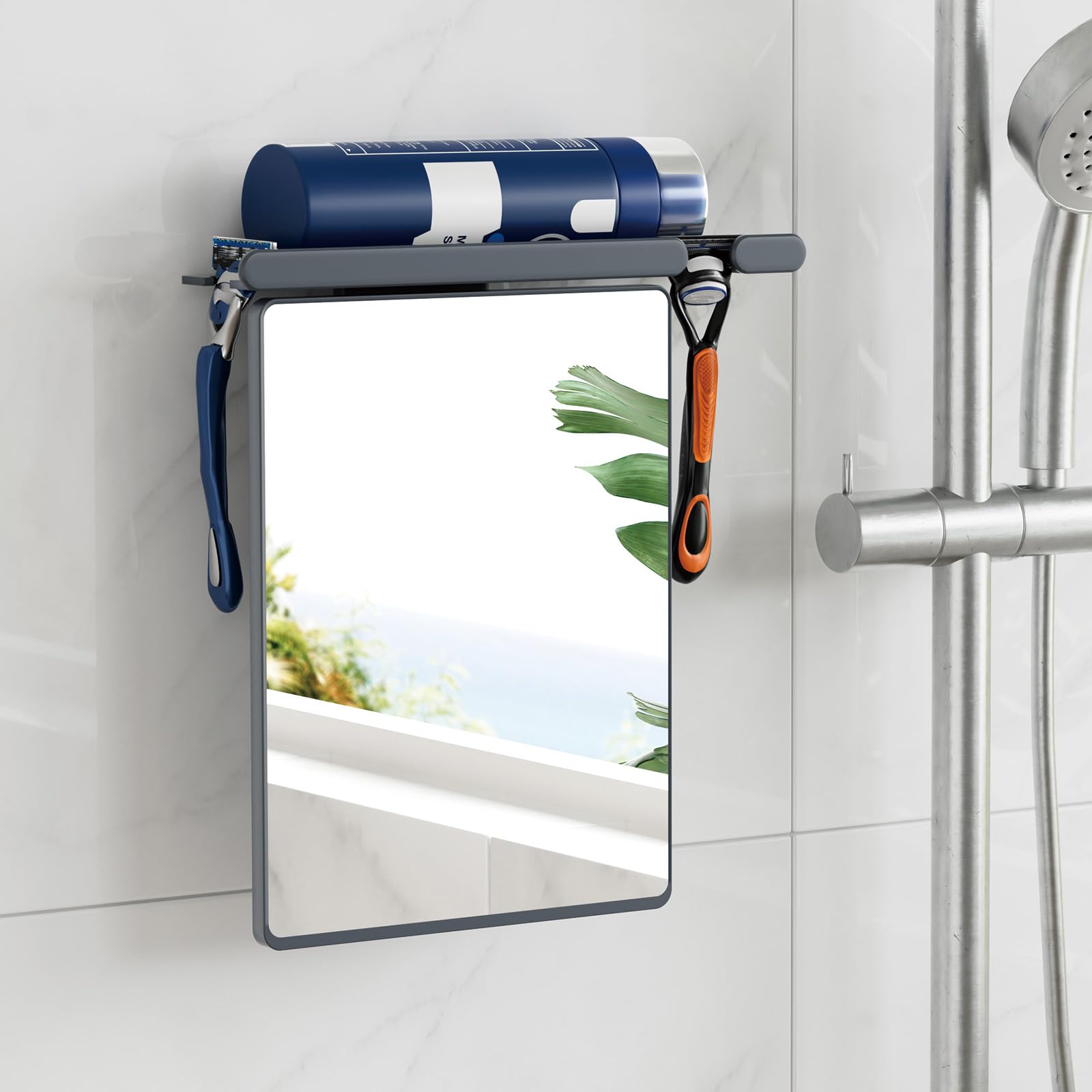 TAILI Anti Fog Shower Shaving Mirror with Holder,Suction Wall-Mounted,Grey
