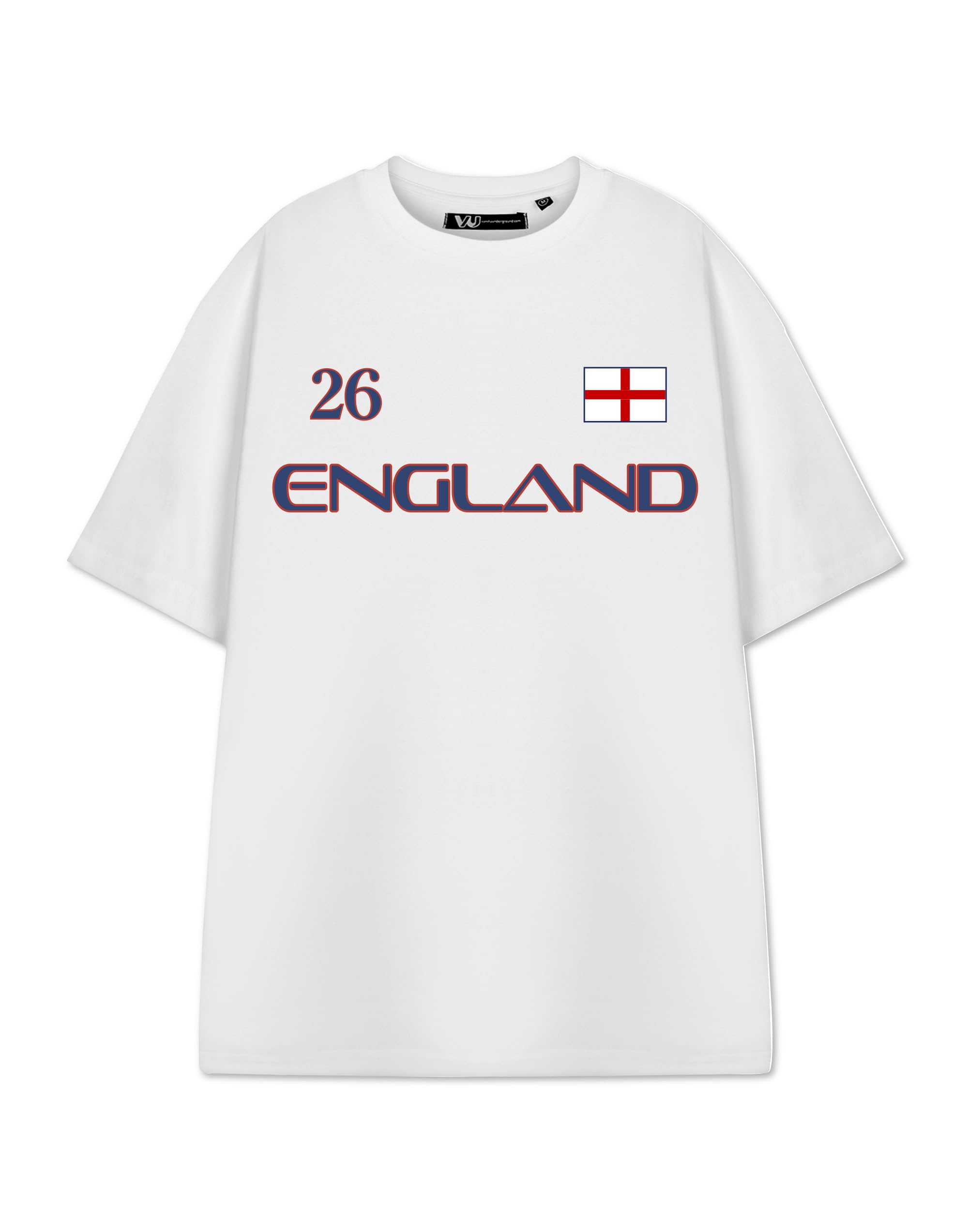 Show Me The Merch England 26 White Graphic Tee | Short Sleeve Crew Neck T-Shirt | Sports Jersey Numeric Design | Football Lifestyle Top | Adult Unisex Cotton Tshirt with Flag Print - X-Large