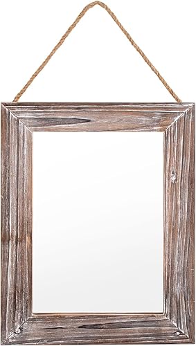 Espejo de pared de granja, espejo rectangular de madera rústica marrón lavado, marco de madera decorativa de 16 x 12 pulgadas, con espejo y cuerda
