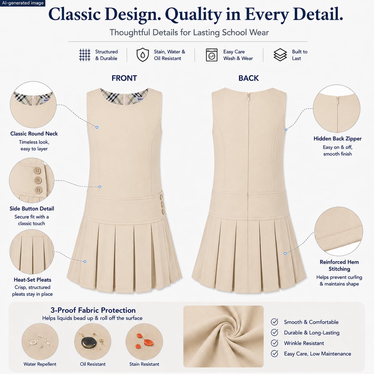 Bienzoe Jersey de uniforme escolar para niñas: vestido elástico plisado duradero para niños hasta la rodilla sin mangas