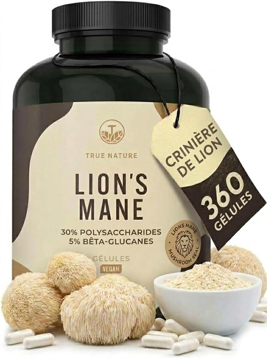 Lions Mane - 360 gélules - 60.000 mg de Criniere de lion (Extrait 30:1) - Hericium Erinaceus – Polysaccharides & Bêta-Glucanes – Vegan – Crinière de Lion– TRUE NATURE