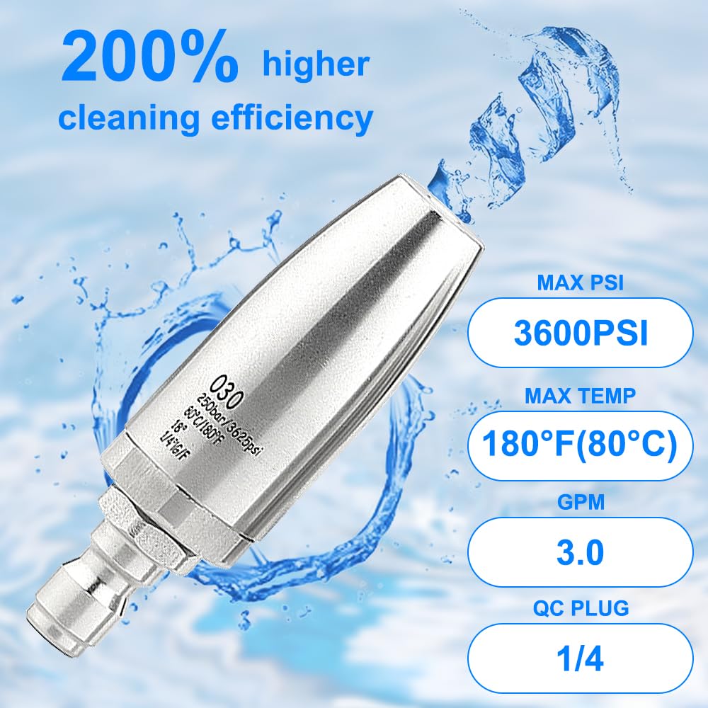 Dysza turbo ze stali nierdzewnej 3600 PSI do myjki ciśnieniowej, obracająca się o 360° dysza myjki ciśnieniowej z szybkozłączką 1/10.2 cm, 7 końcówek dysz z uchwytem na dyszę, ciepła i zimna