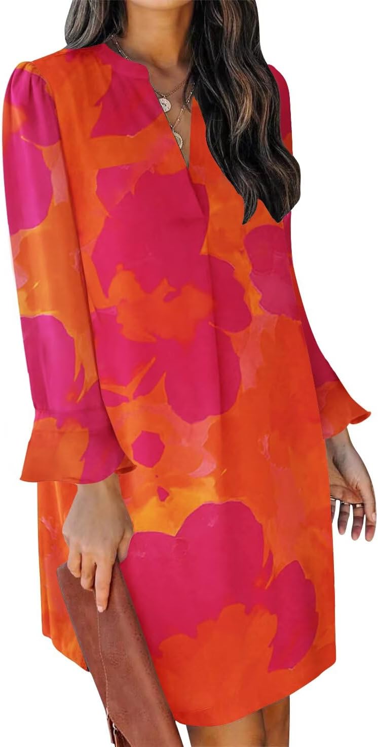 QACOHU Fall Dresses for Women 2026 Casual V Neck Long Sleeves Flowy Mini Tunic Dress