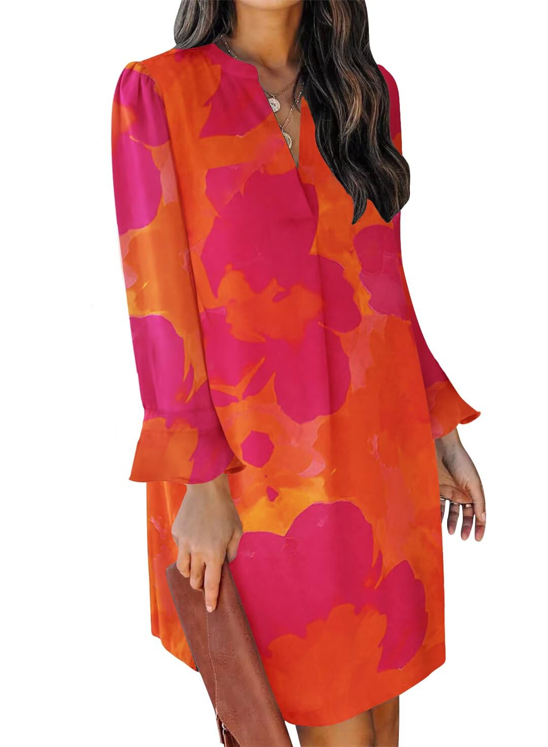QACOHU Women's Fall Long Ruffle Sleeve V Neck Shift Dresses
