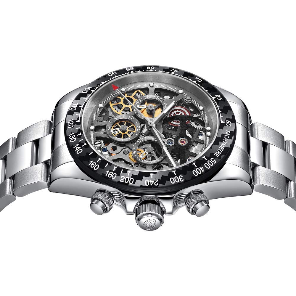 Orologio da uomo automatico scheletrato meccanico in fibra di carbonio con cinturino in acciaio inossidabile 88879