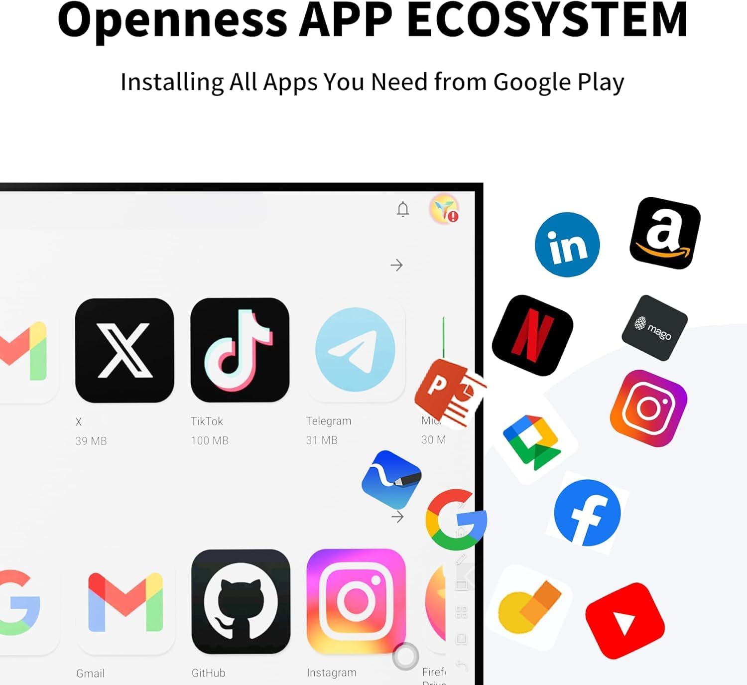 Screenshot of the TIBURN Smart Board's app ecosystem, showing various popular applications available for download.