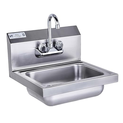 HALLY Stainless Steel Sink for Washing with Faucet, NSF Commercial Wall Mount Hand Basin for Restaurant, Kitchen and Home, 17 x 15 Inches