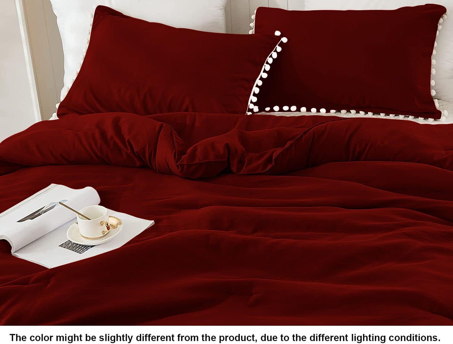 Tony's Textiles 5 Piece White Vintage Pom-Pom Fringe Plain Pattern Comforter Set, 100% Egyptian Cotton with 1000 Thread Count (King/California King Size - Burgundy Color)