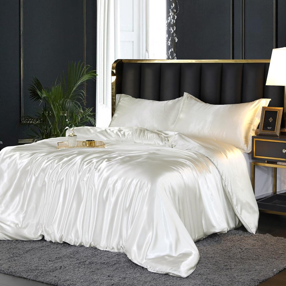 DXHOME Juego de ropa de cama de satén brillante, 220 x 240 cm, color blanco, beige, crema, seda, liso, satinado, liso, color blanco, microfibra, funda nórdica doble con cremallera y fundas de almohada