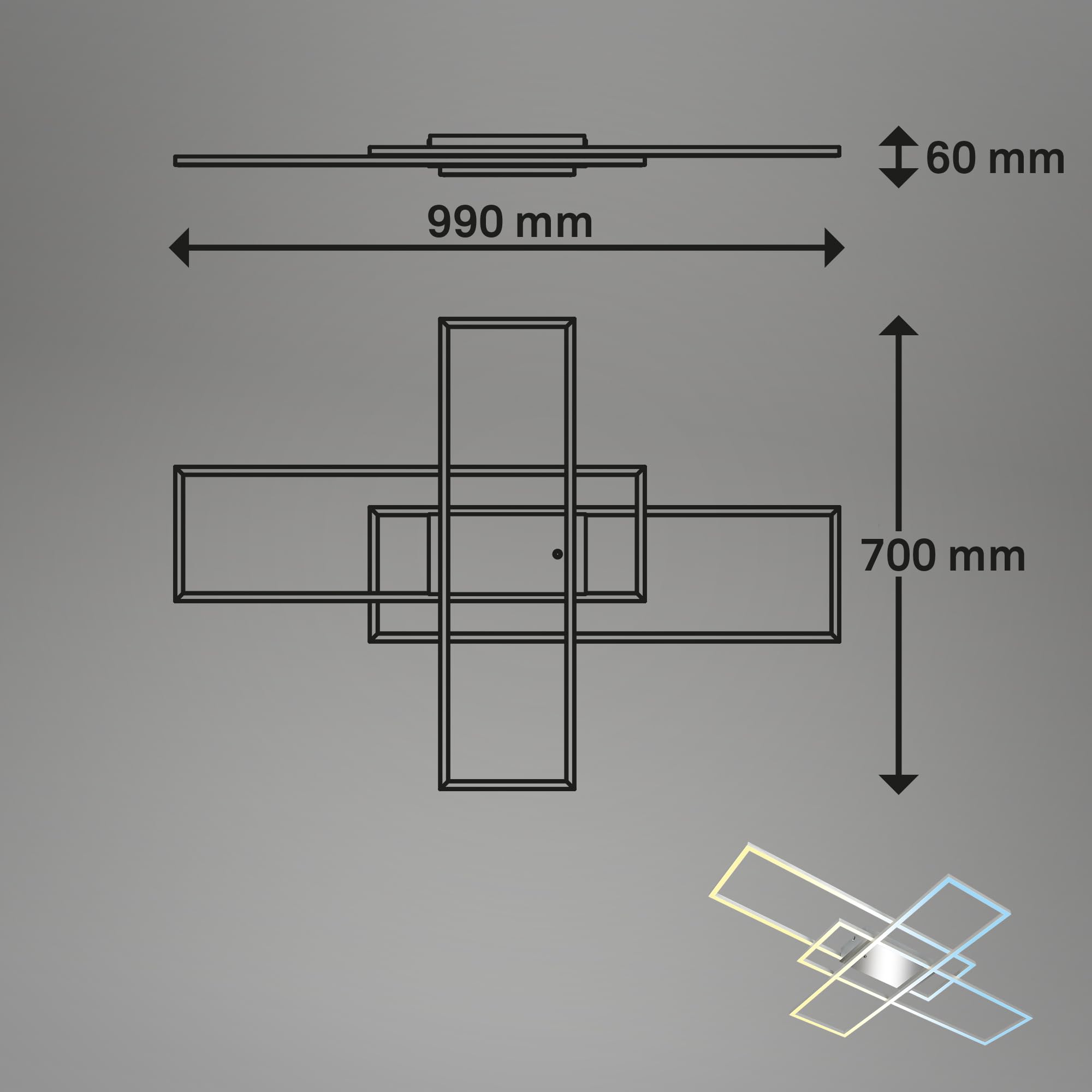 BRILONER - Plafonnier LED avec télécommande, intensité variable, réglable de blanc chaud à blanc froid, lampe LED, plafonnier, salon, chambre, cuisine, 104x71x9,5 cm, chrome-aluminium