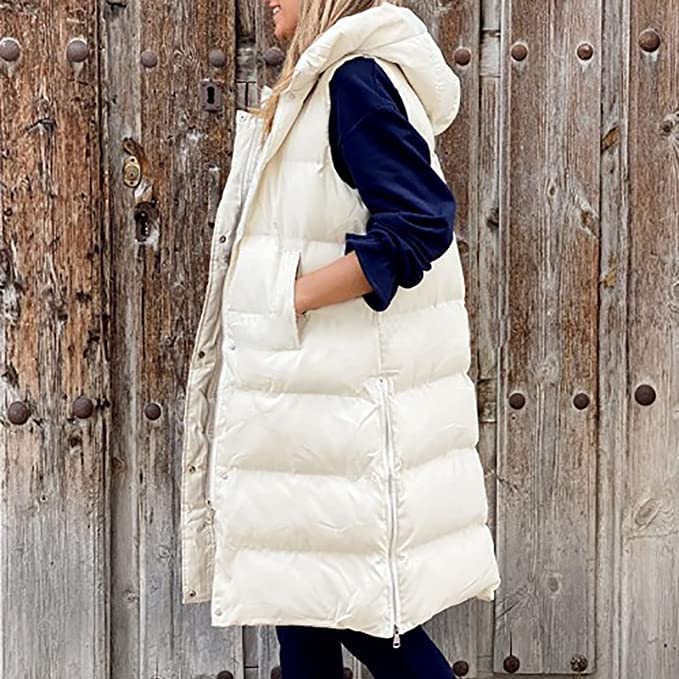 duxyoz Dames lange gilets capuchon gewatteerd gilet vest rits mouwloos