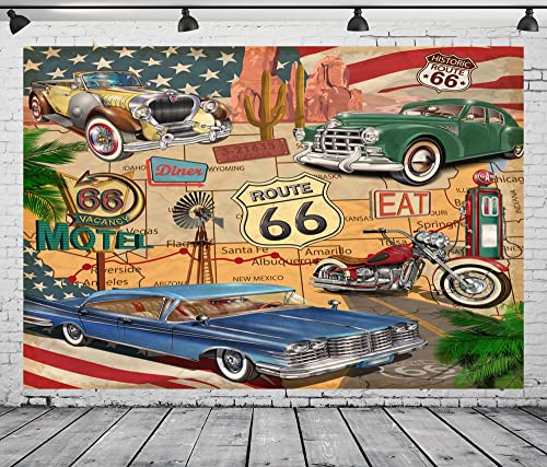 BELECO 4.6x3m Toile Fond Vintage Route 66 Thème Photographie Bande Dessinée Rétro Carte Routière Motel Moto Voitures...
