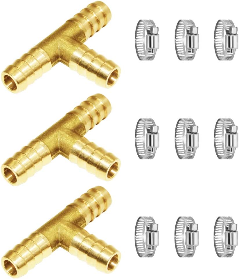 Joywayus 3/8" ID Hose Barb Fitting,Tee 3 Way Brass Fitting Intersection/Split Brass Water/Fuel/Air