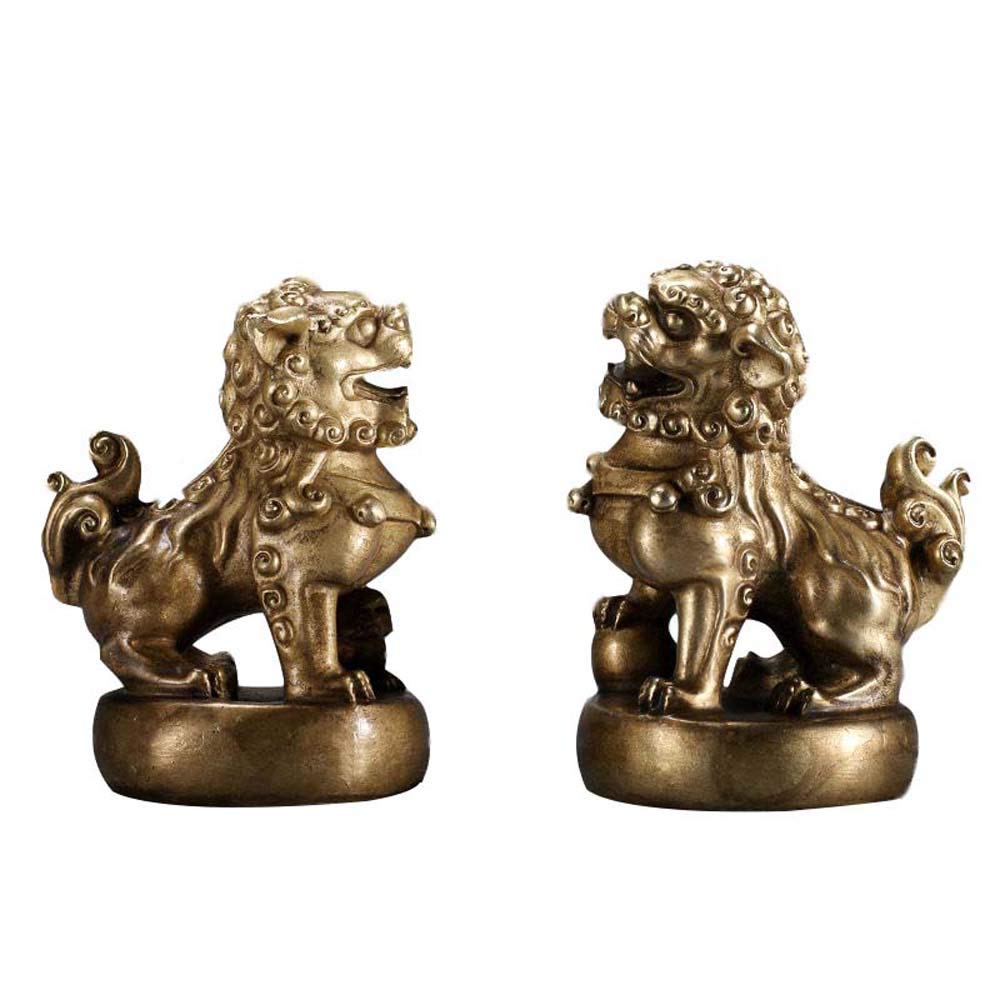SnamicE ornaments small beijing lions pair foo dogs statues,solid pure brass chinese decor prosperity accessories,home and office sculpture,