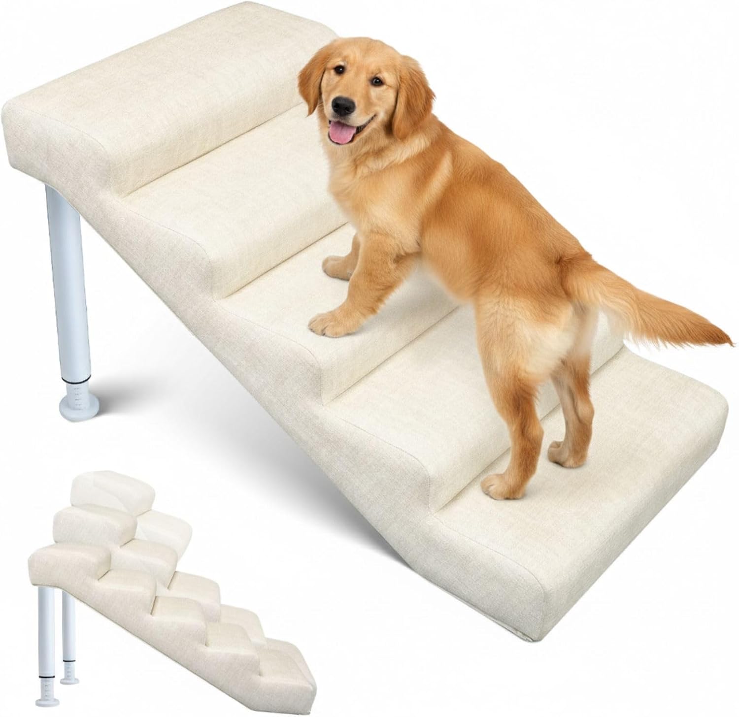 Adjustable Dog Stairs & Ramp for Cats and Dogs, 3-Step Pet Stairs for High Beds and Couch, 11.8"–14.5" Height, Linen Faux Leather, Waterproof, Scratch-Resistant, Non-Slip Indoor Pet Ramp