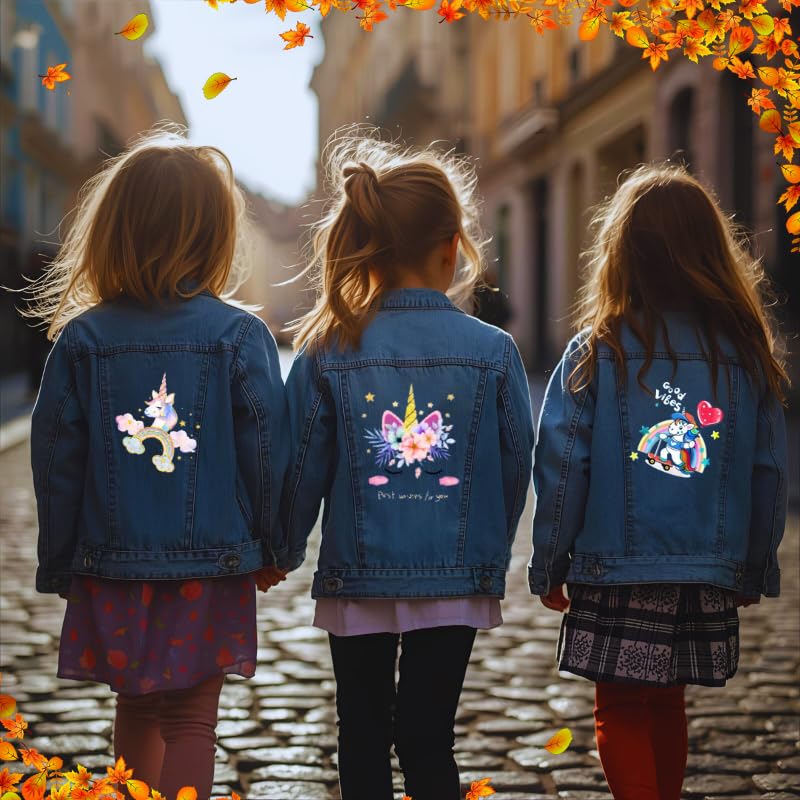 OrJana Veste en jean pour fille avec licorne, bleu denim, décorée de fleurs et d'étoiles, design magique avec broderie arc-en-ciel
