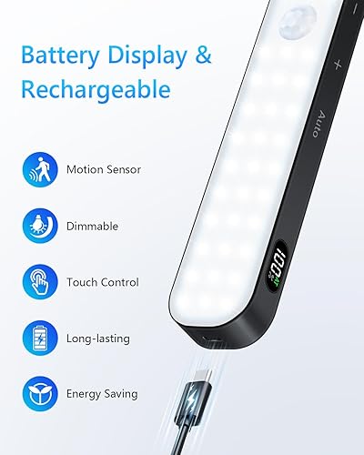 Miniatura 7 de Ferswe Luces de armario con sensor de movimiento, pantalla de nivel de batería, luces para debajo del gabinete recargables, control táctil