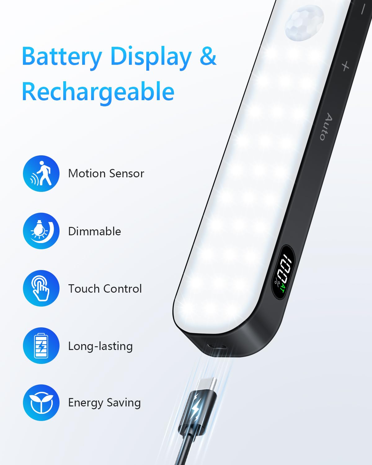 Ferswe Iluminación LED para armario con detector de movimiento, indicador del nivel de la batería, 4 unidades para debajo de los muebles de cocina, LED recargable, luz de armario con detector de