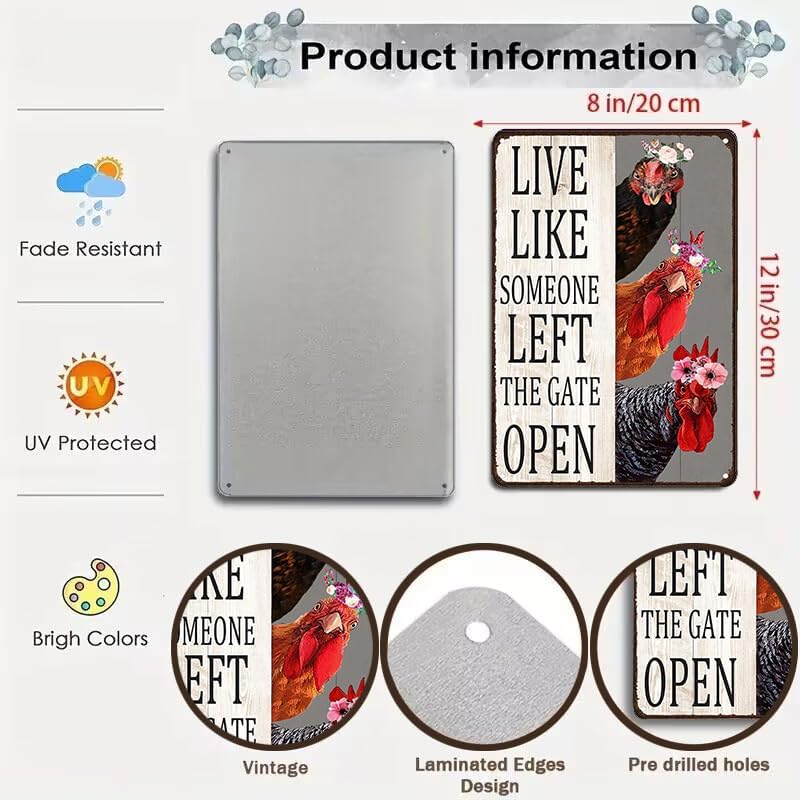Miniatura 2 de Chiken Gifts - Letrero de lata con diseño vintage de pollo con texto en inglés "Live Like Someone Left The Gate", para el hogar, gallinero, granja,