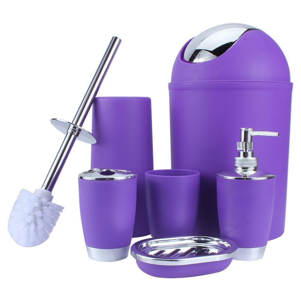 Yosoo, 6-teiliges Luxus-Badezimmer-Set aus Kunststoff, bestehend aus Lotionsflasche, Zahnbürstenhalter, Zahnputzbecher, Seifenschale, WC-Bürste, Abfalleimer violett