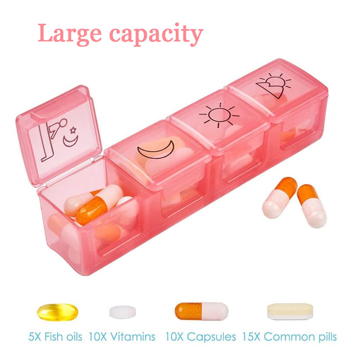 Pilulier hebdomadaire 7 jours 4 fois par jour, pilulier portable de voyage, conteneurs de rangement hermétiques pour médicaments, vitamines, huile de poisson et compléments, ouverture facile
