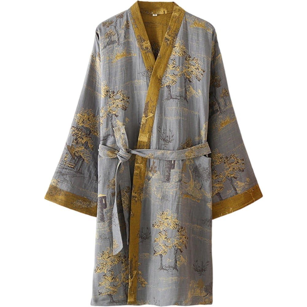 Hrippy Men's Cotton Double Gauze Sleeping Robe Japanese Style Kimono Bathrobe Pyjamas Yukata