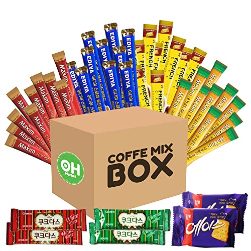 OHMARKET Korean Instant Coffee MIx Variety 40 Sticks With Snack, 4 Different Flavors (10 Pack of Each / Maxim Original, Maxim Mocha Gold Mild, Ediya Special Gold Blend, French Cafe / Couque Dasee, 2 Flavors, Ace Caraker 2 Pack