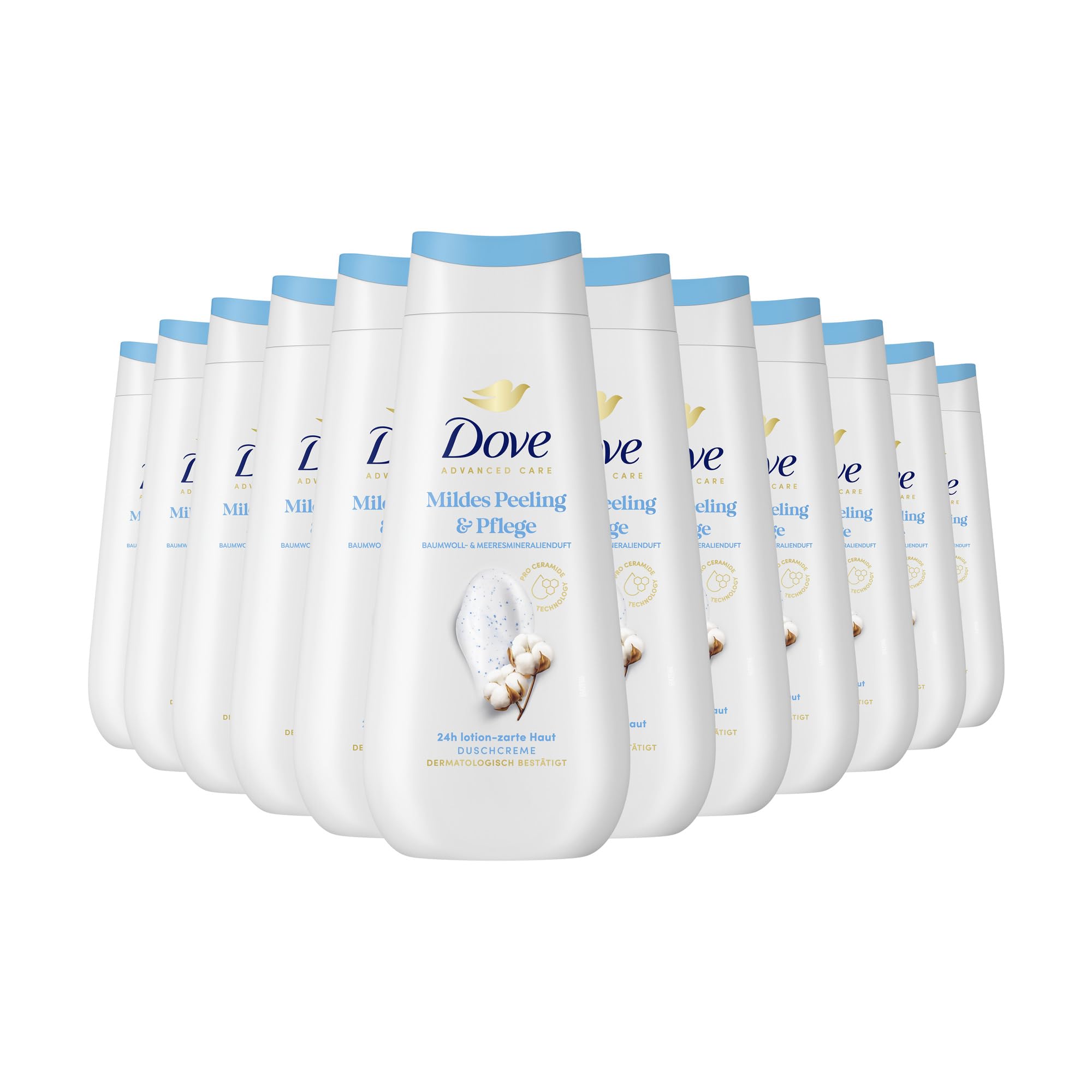 Dove Advanced Care Duschcreme Mildes Peeling & Pflege für 24 Stunden lotion-zarte Haut direkt aus der Dusche mit Pro-Ceramide Technology 12x225 ml