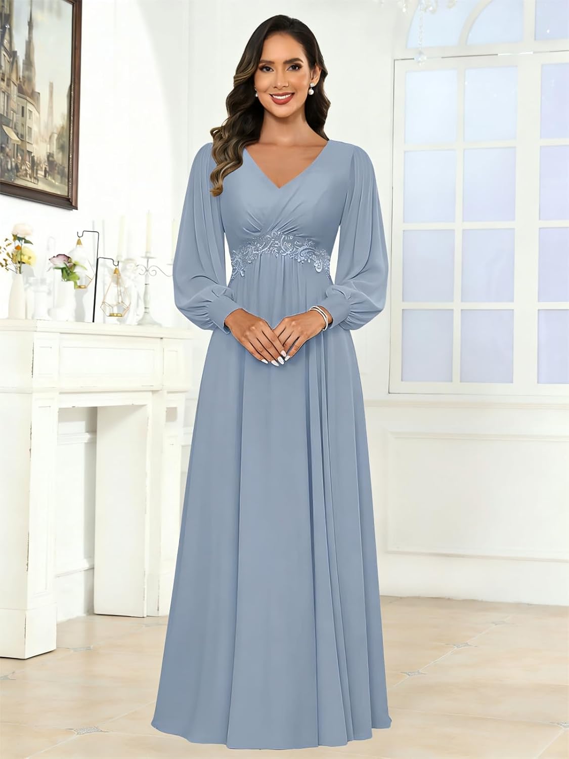 Long Sleeve Mother of Bride Dresses for Women Lace Applique Pleated Formal Evening Dress - Image 4