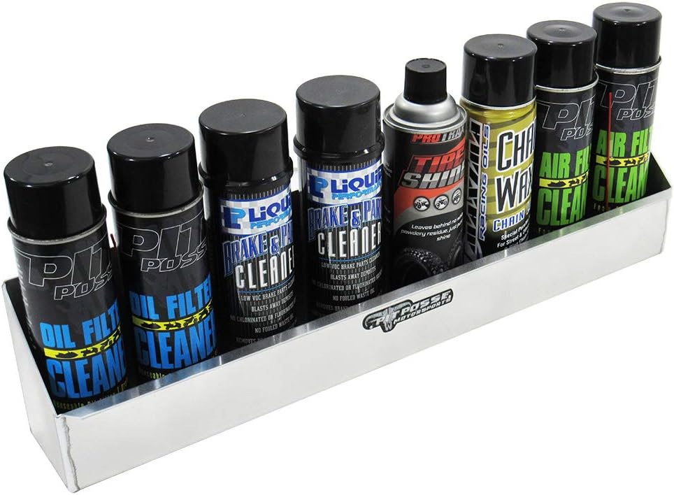 Pit Posse 567 Aerosol Shelf 8 Mount Spray Can Holder Trailer Garage Cabinet Organizer - Made in USA - Holds 8 Aerosol Cans - Shop Enclosed Race Trailer Accessory Aluminum Multi Use Storage (Silver)