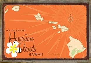 Hawaiian Islands (Orange) Retro Steel Metal, with Oxidized Border and Mounted on Real Reclaimed Barn Wood, Wall Art Map Poster 24" x 36". Distinctive Wall Decoration for Home, Cabin, or Office