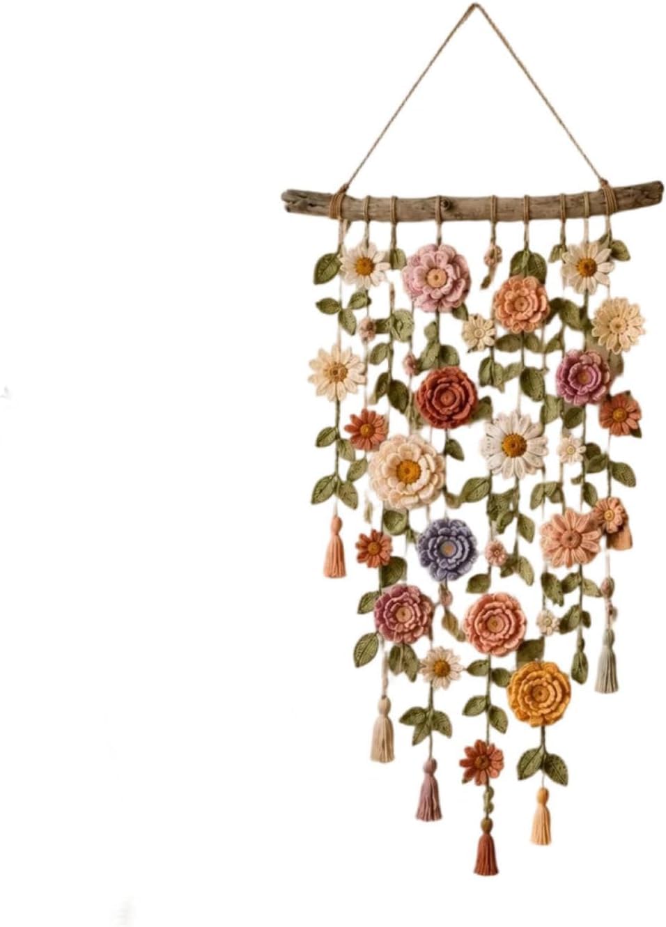 Crochet Flower Wall Hanging, Boho Handmade Floral Macrame Decor 31in