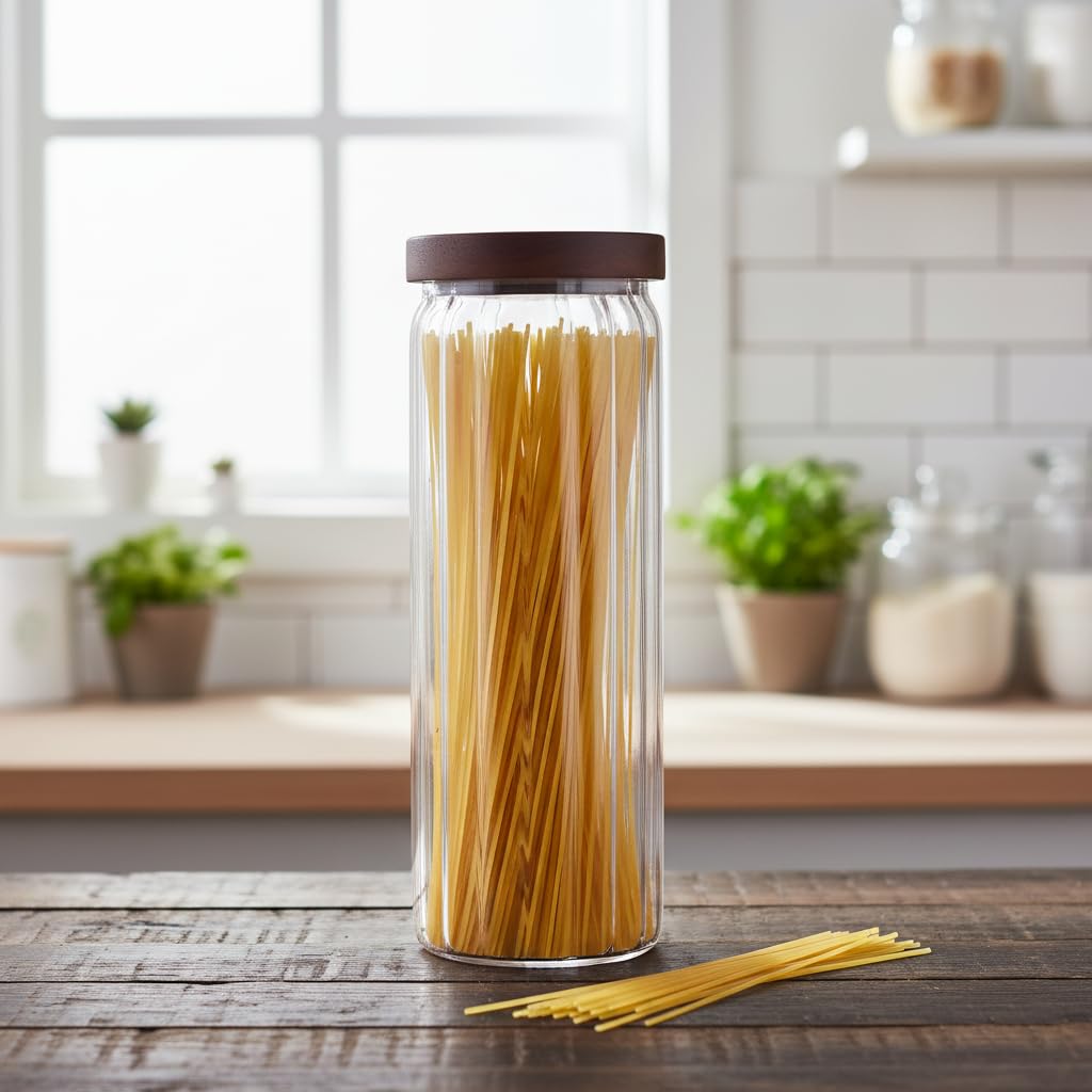 Deconox Akasya Kapaklı Uzun Çizgili Cam Kavanoz (1250 ml) | Hava Geçirmez, Modern Fitilli Tasarım Gıda Saklama Kabı | Makarna, Bakliyat, Kahve ve Çay Kavanozu (9x25 cm)