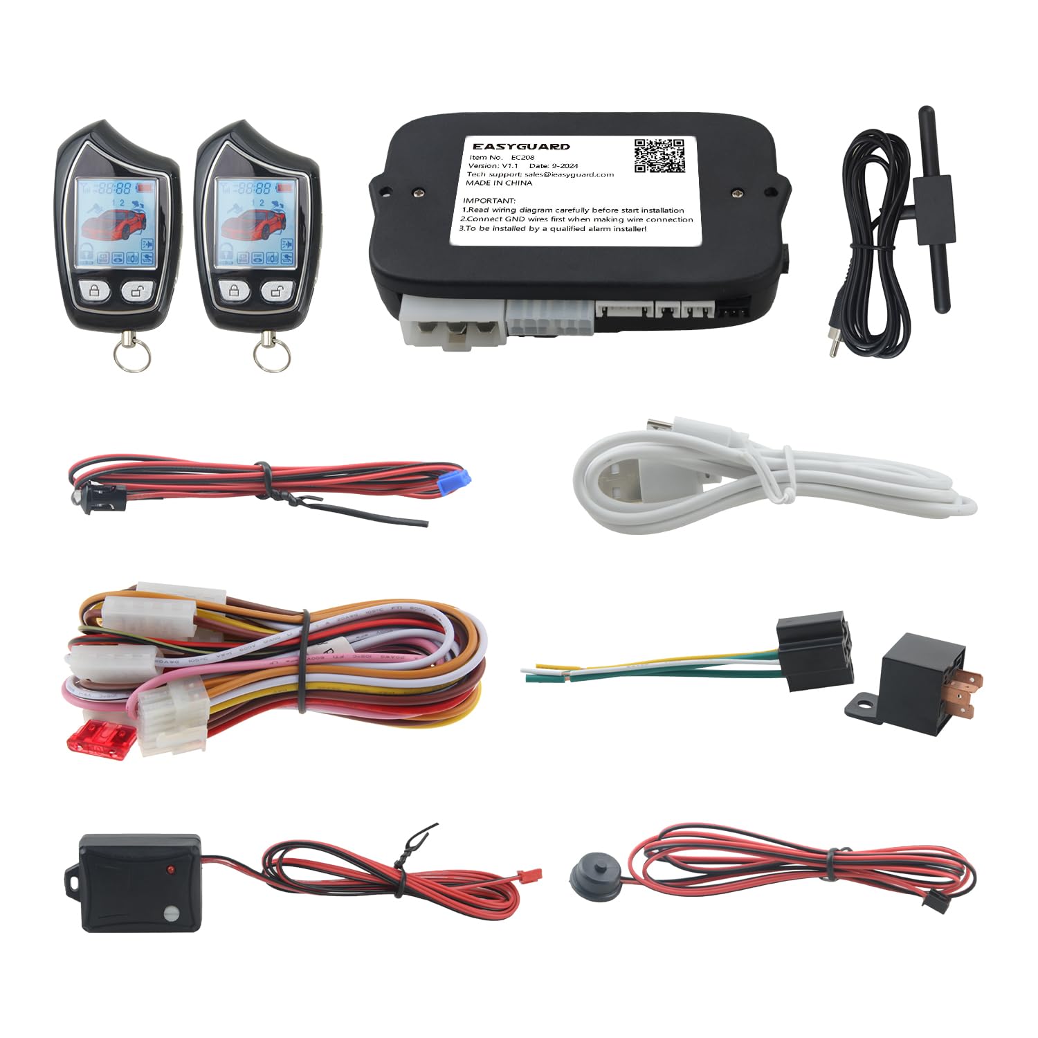 EASYGUARD EC208-1 FSK Système d'alarme de voiture 2 voies avec écran LCD rechargeable et déclenchement à distance du coffre, alarme de choc 12 V CC