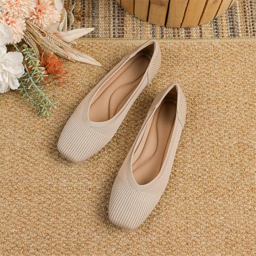 Womens Knitted Breathable Flat Shoes Square Toe Casual Work Dressy Slip On with Openwork Design for Daily Wear Machine Washable2