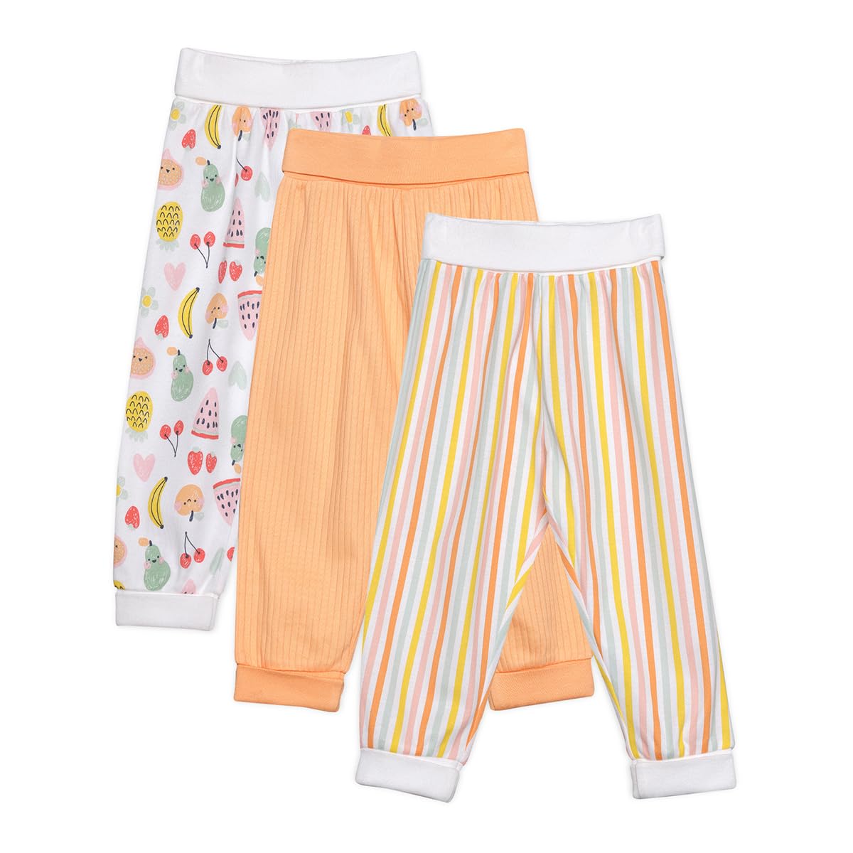 MINI CUDDLES Baby Girls 3pk Fruits Print, Solid And Striped Leggings, Multicolour (9-12M)