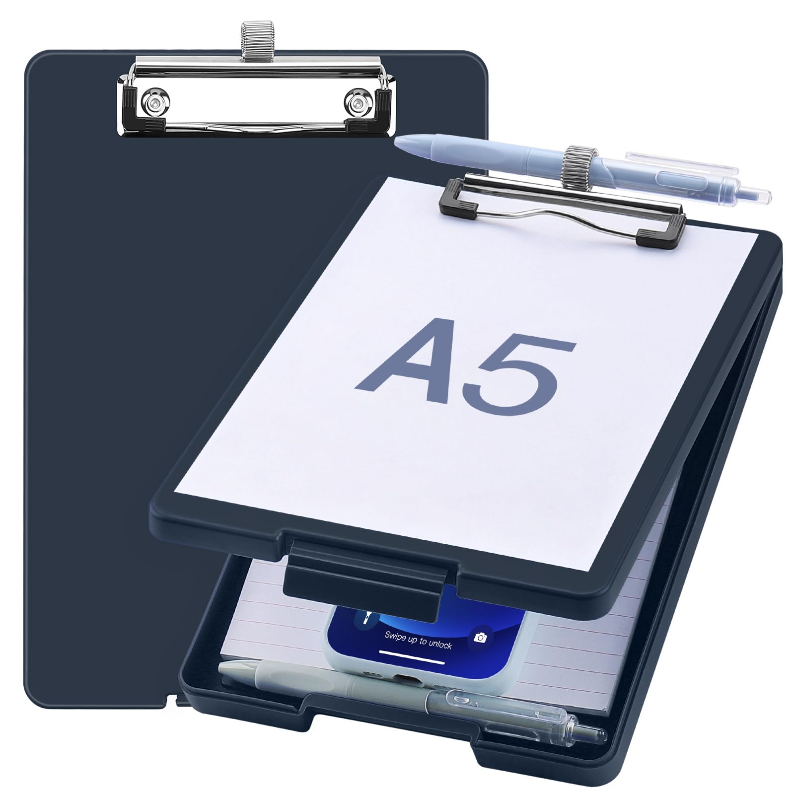 Small Clipboard with Storage, A5 Clipboards with Pen Holder, Half Letter Clip Boards 6x9 Mini Plastic Clipboard with Low Profile Clip for Classroom, School, Office Supplies (Navy)