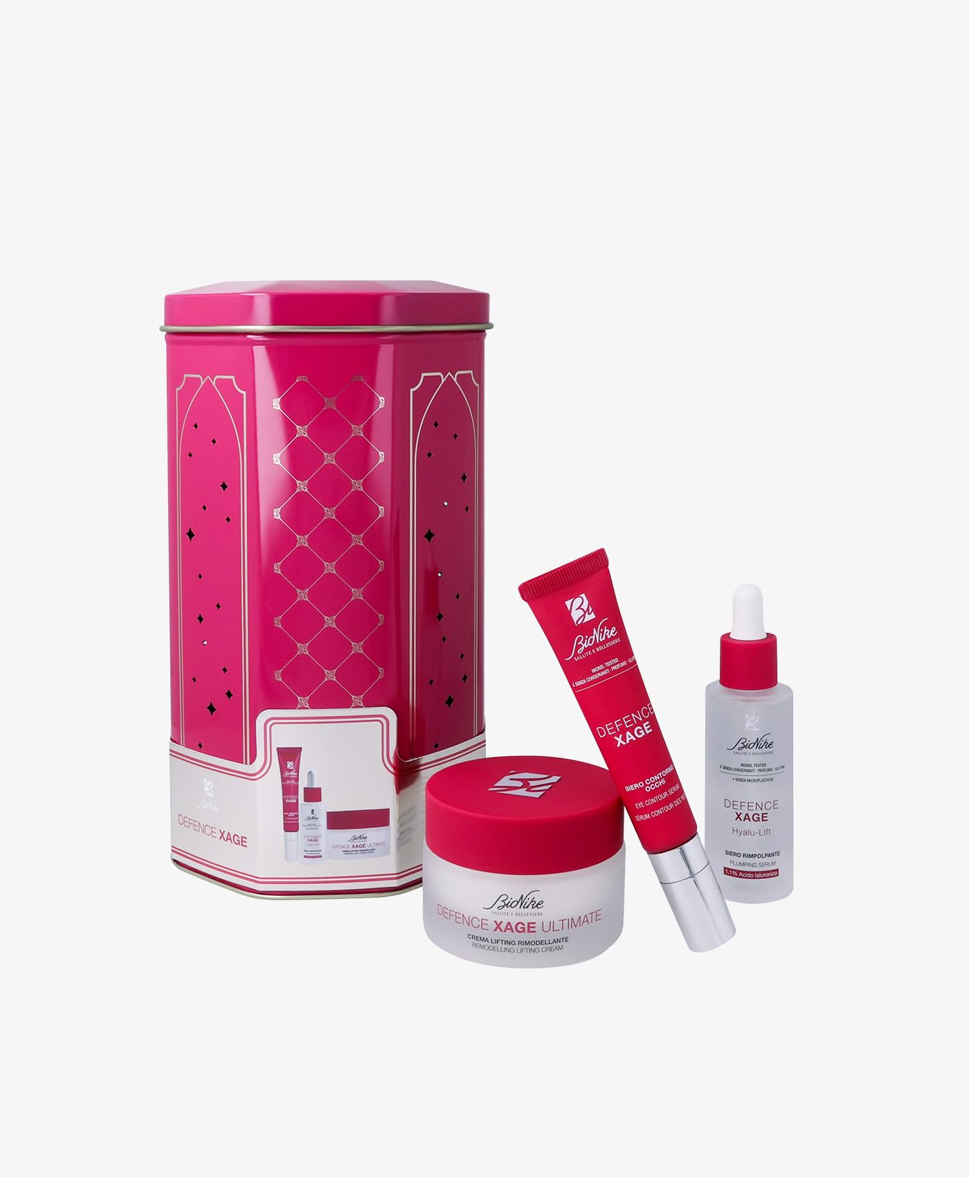 BioNike Geschenkset für Damen, Anti-Age Defence Xage – Augenkontur-Serum 15 ml, Hylu-Lifting-Serum 30 ml, Ultimate Lifting remodellierende Creme 50 ml für reife Haut