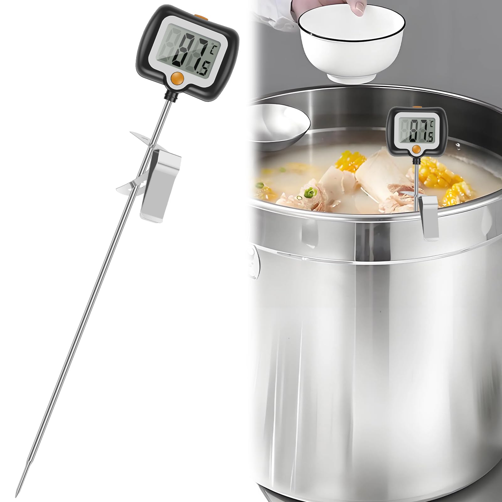 VAVPUP 30cm Long Probe Candy Thermometer with 180° Rotating Display,Instant Read ±2°C High Accuracy (-50°C~300°C),Food-Grade Probe & Clip for Candles,Liquids,Cooking,Grilling and More (Black)