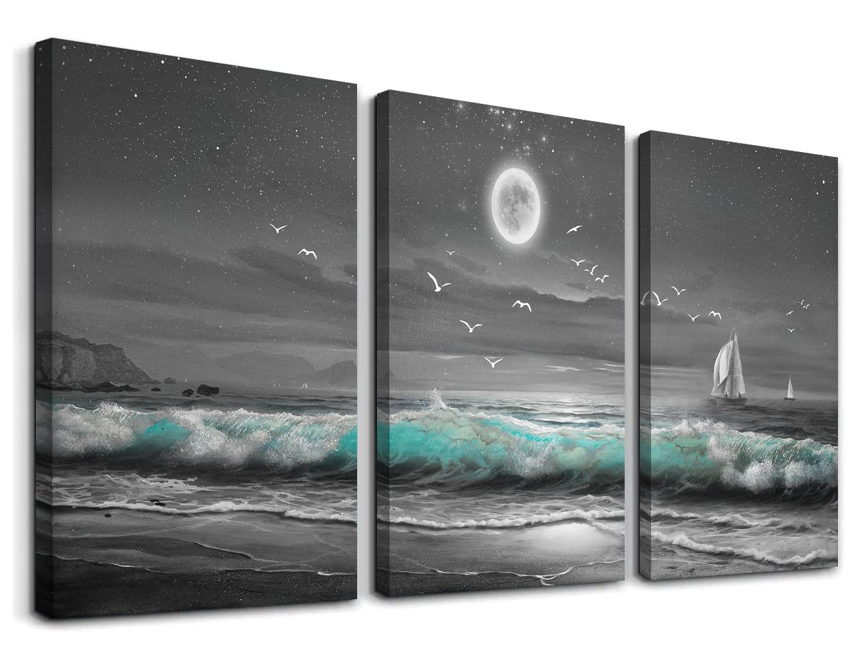 Ocean Decor Beach Wall Art Sea Wall Pictures for Bedroom Living Room Wall Decor Office Ocean Decorations Canvas Wall Art Framed Beach Decor Blue Waves Seagulls Moon Artwork Canvas Paintings 12"x16"x3