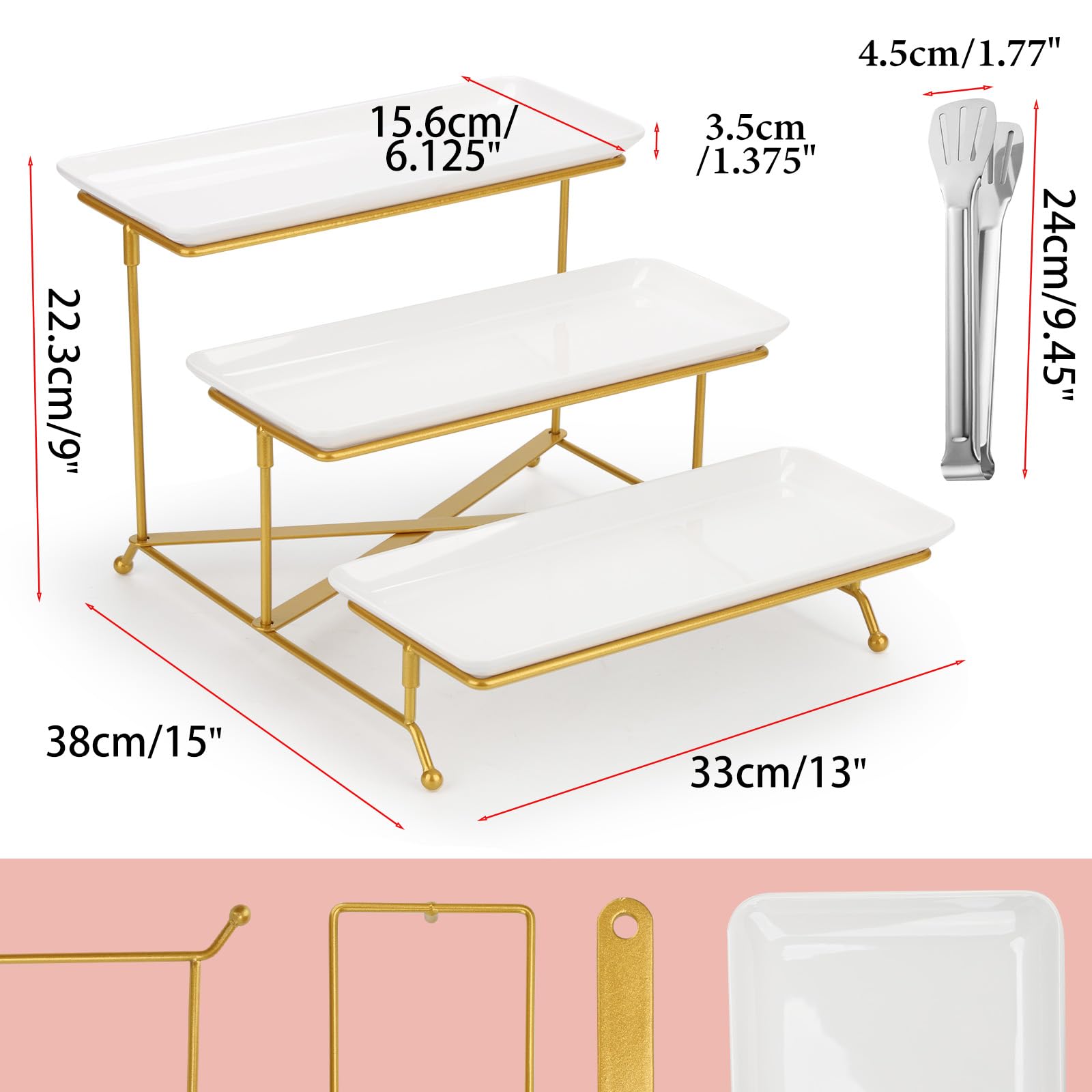 Etagere 3 Etagen, 33x15.6cm Lebensmittelständer mit Weißen Servierplatten mit Zusammenklappbaren Sturdier Stand Buffet Party Zubehör für Party Obst Kekse Torte(Weißgold)