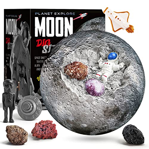 Byncceh Mond Ausgrabungsset für Kinder mit 13 Schätze - Mineralien Steine Ausgraben, Weltraum Astronauten-Figur, Experimentierset mit Hammer und Meißel, Geschenk zu Weihnachten Cover