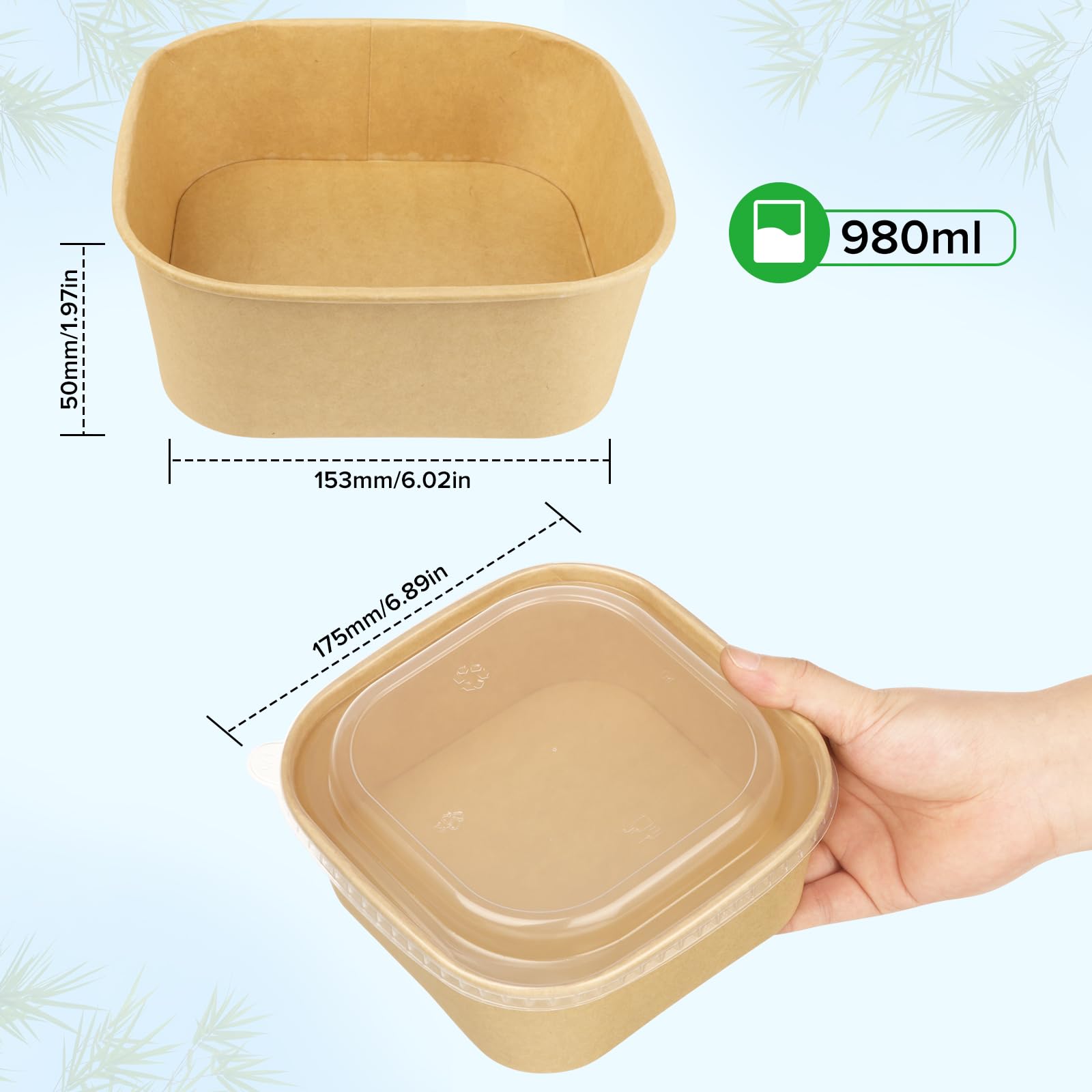 Kiraque Paper Bowls with Clear Lids, Disposable Kraft Paper Bowl, Square Shape Food Containers with Covers Party Supplies Treat Bowls for Noodles, Poke Bowl, Salad, Soup, Snack, BBQ (50 Pack)