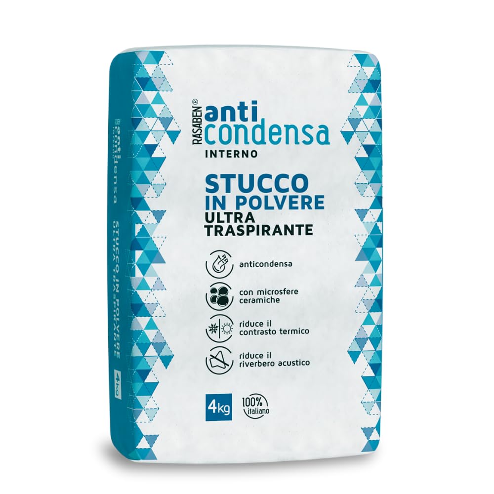 RASABEN - Stucco in Polvere Anticondensa con Microsfere Ceramiche, per Ambienti poco Ventilati, Riduce il Riverbero e il Contrasto Termico, Ultra Traspirante, Uso Interno, Made in Italy, Sacco da 4kg