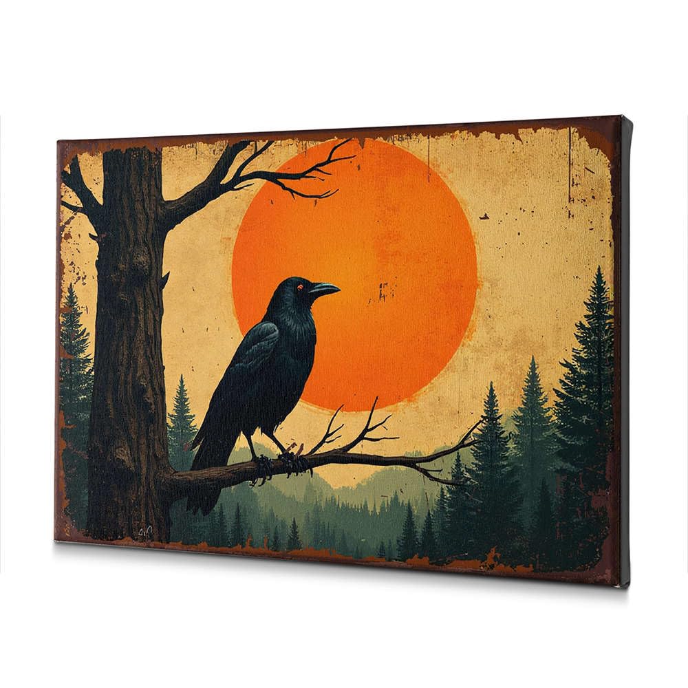 Decorazione da parete per bagno con corvo posatosi su un ramo su uno sfondo di sole e foresta arancioni. Stampa su tela decorativa in stile shabby chic (30 x 40 cm)