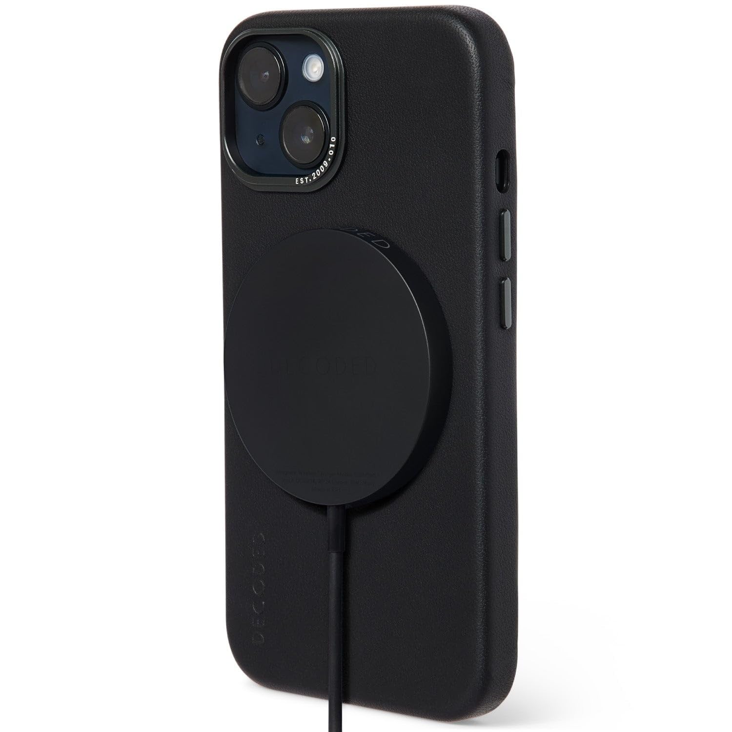 DECODED Coque en Cuir - pour iPhone 14 Pro - Testé par Apple - Anti-Bactérien - Étui de Protection pour Téléphone Portable - Noir