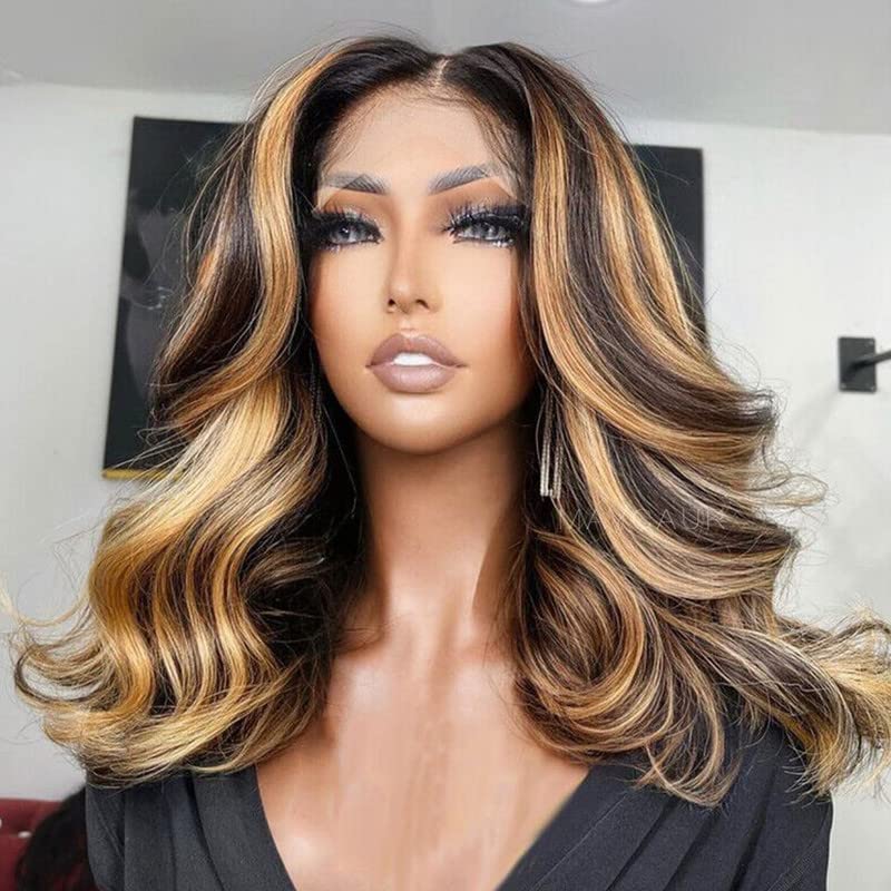 Maycaur Brown Blonde Mixed Color Wavy Hair Full Lace Human Hair Wigs Body Wave Lace Front Wigs With Natural Baby Hair 150 Density(18Inch, lace front wig)