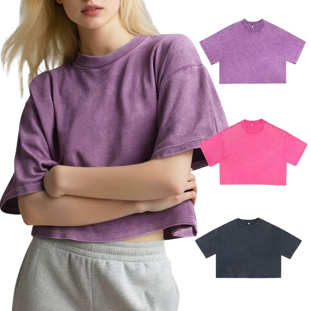 Damen Oversized T-Shirt, 3er-Pack Kurzarm-Crop-Tops, Rundhals-Mode-T-Shirt, T-Shirt Sommer Hip Hop Streetwear